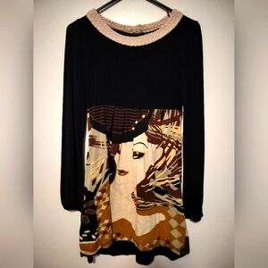 RARE Vintage Profile Chic Black and Tan Graphic Dress. Size M.